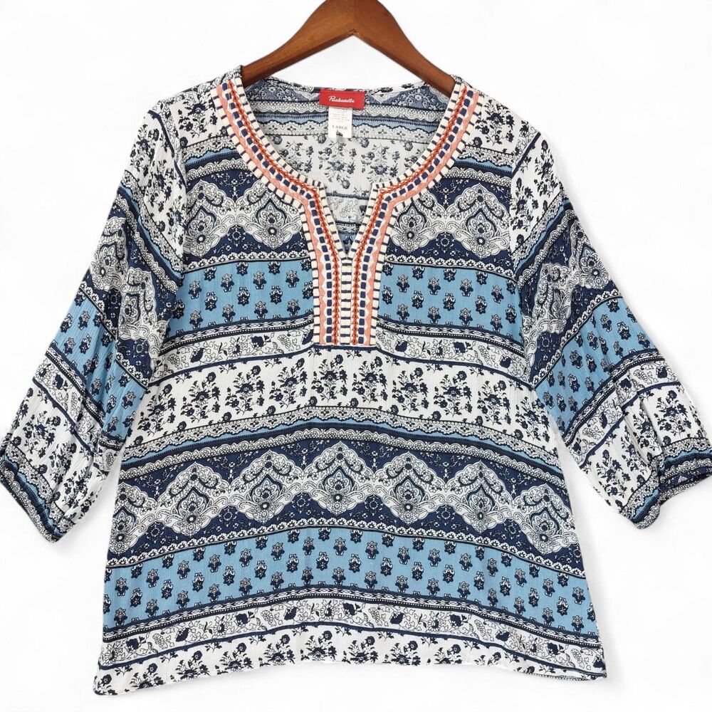 Panhandle Shirt Womens Sz L Blue White Boho Tunic 3/4 Sleeve Split Neck Western